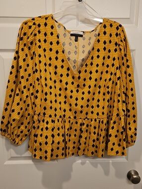 Eloquii Mustard Yellow and Navy V-Neck Peplum Blouse